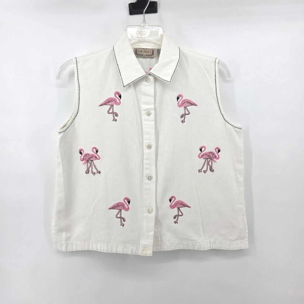 Life Style Linen Cotton Flamingo Embroidered Sleeveless Button Up Top‎ White XL